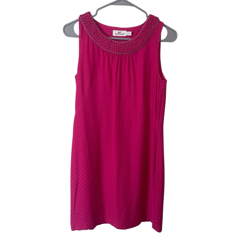 Vineyard Vines Size 0 Silk Blend Pink Dobby Embellished‎ Shift Dress Crew Neck - Picture 2 of 8